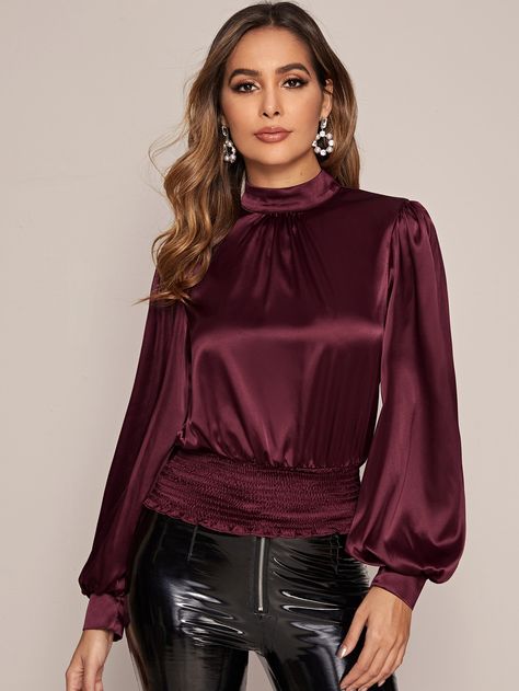 Satin Top Outfit, Satin Top Blouses, Satin Bluse, Gathered Neckline, Top Shein, Top Outfit, Satin Blouses, Satin Color, Women Blouses