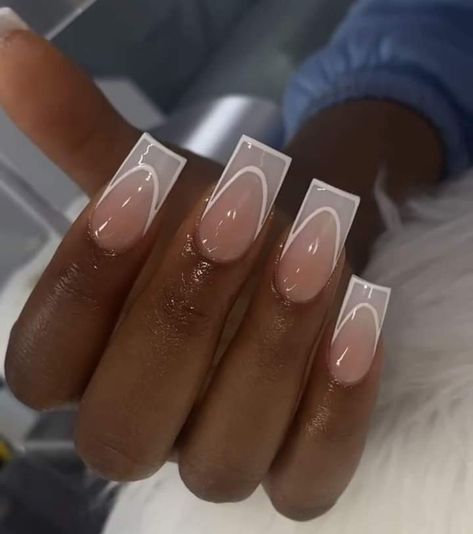 White Outline French Tip Nails, White On White Nail Designs, Med Nail Designs, French Nails With Bling, Double French Tip Nails, French Tip Ideas, White Nails With Designs, Trip Nails, French Nail Ideas