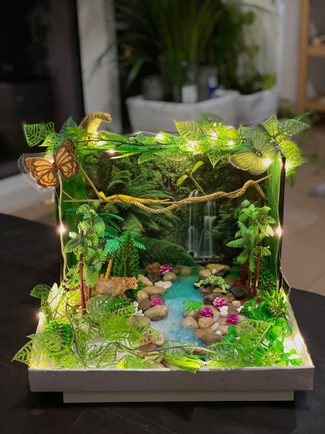 Diy Rainforest Projects, Rainforest Model Projects, Jungle Diaroma, Animal Diarama Ideas, Rainforest Habitat Shoebox Project, Rainforest Diaroma Ideas, Flamingo Habitat Diorama, Shoebox Habitat Projects, Biome Boxes School Projects