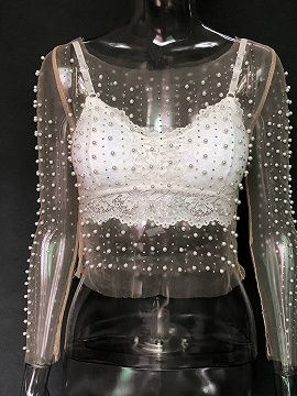 White Beaded Detail Long Sleeve Sheer Crop Blouse | Choies Pearl Shawl Top Outfit, Pearl Shirt, Beaded Crop Top, Pearl Top, Pearl Embroidery, Mesh Long Sleeve Top, Summer Crop Tops, Top Streetwear, Closet Staples