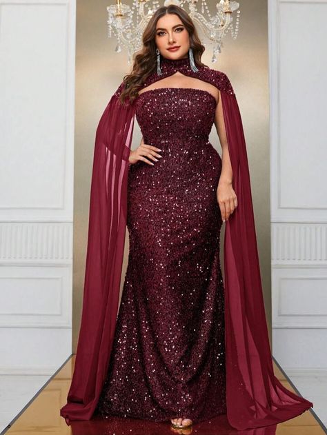 Giffniseti Plus Cloak Sleeve Sequin Formal Dress | SHEIN USA Family Christmas Outfits, Cape Wedding, Queen Of Hearts Costume, Sequin Formal Dress, Sequin Prom Dress, Sequin Evening Dresses, Vestido Plus Size, Tulle Ball Gown, Evening Dresses Plus Size