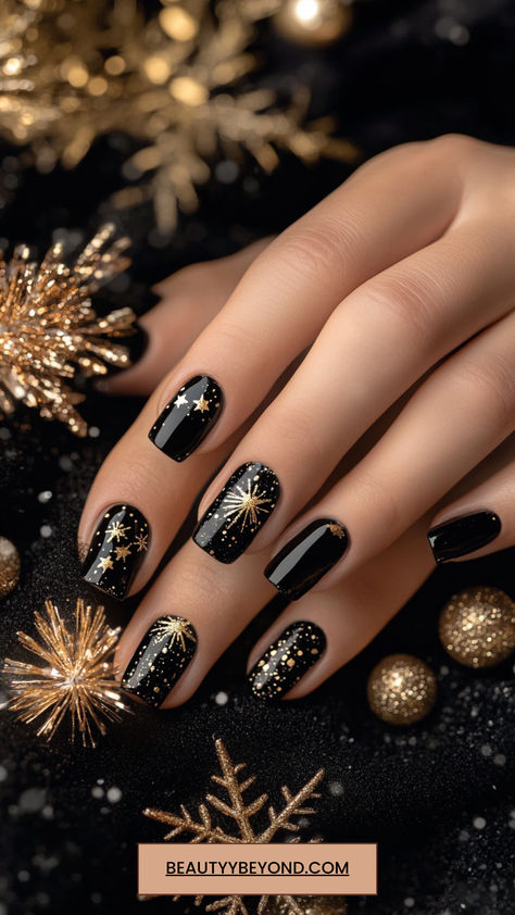 Keep your nails cozy and chic this winter with these 15 stunning designs for 2025! Think sweater patterns, icy ombre, and soft matte finishes that complement the season’s vibe. Save this pin for endless nail inspiration. #CozyNails #WinterTrends #NailArt Short Nails New Years Designs, Black And Gold Nail Polish, Christmas New Year’s Eve Nails, Black And Glitter New Years Nails, Pretty New Years Nails, New Year’s Eve Nails Short Square, Black New Year Nail Designs, Black Glitter New Years Nails, Nail Art Designs For New Years