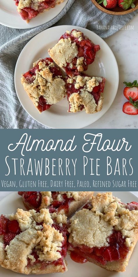 These strawberry pie bars are easy to make with a simple almond flour crust. The delcious strawberry filling can be made with either fresh or frozen strawberries too! This healthy dessert recipe is gluten free, dairy free, vegan, paleo and refined sugar free. Strawberry Pie Bars, Bars Gluten Free, Strawberry Bars, Gluten Free Dairy Free Dessert, Paleo Baking, Healthy Strawberry, Paleo Sweets, Almond Flour Recipes, Pie Bars