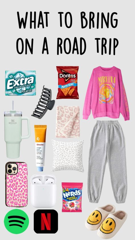 Road-trip essentials Outfits For A Road Trip Summer, Snack Ideas Road Trip, Car Ride Essentials Road Trips, Rode Trip Outfit, Road Trip Bag Essentials, 5 Hour Road Trip Essentials, 10 Hour Road Trip Essentials, Things To Pack On A Road Trip, 3 Hour Road Trip Essentials