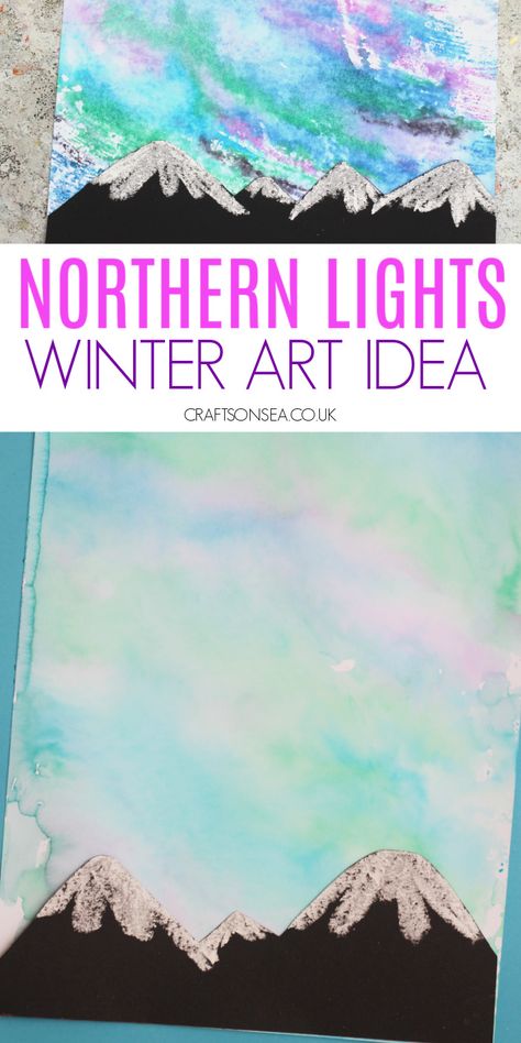 Easy Northern Lights Art Project for Kids Northern Lights Art For Kids, Northern Lights Craft, Northern Lights Art Project, Northern Lights Watercolor, Rhythm Art, Northern Lights Art, Polar Bear Craft, Library Crafts, Winter Art Lesson