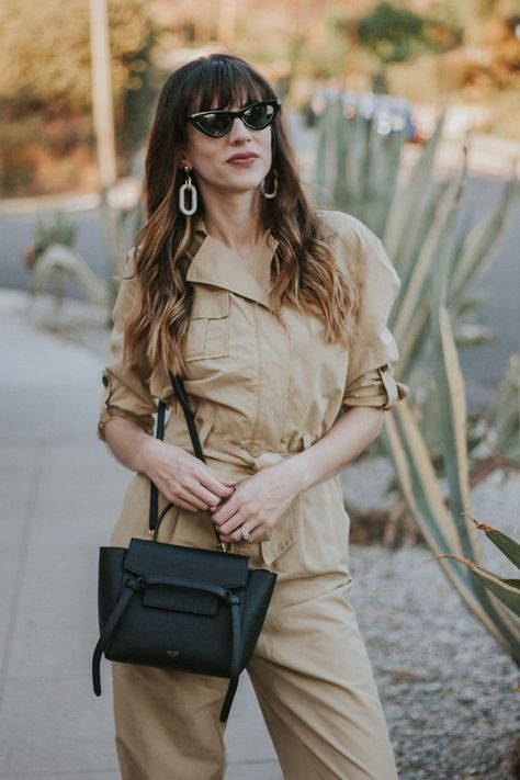 Celine Nano Belt Bag and tan Who What Wear Collection jumpsuit on Los Angeles Fashion Blogger Jeans and a Teacup Celine Nano Belt Bag, Celine Micro Belt Bag, Bum Bag Outfit, Belt Bag Outfit, Bag Wishlist, Celine Belt, Celine Belt Bag, Fanny Pack Fashion, Waist Purse