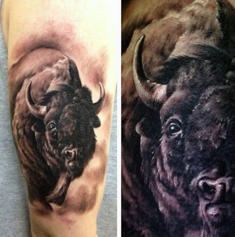 Realistic Running Bison Mens Arm Tattoo Buffalo Art Print, Bison Tattoo, Buffalo Tattoo, Tattoo Style Art, Buffalo Art, American Bison, Tattoo Designs For Men, Family Tattoos, Ink Ideas