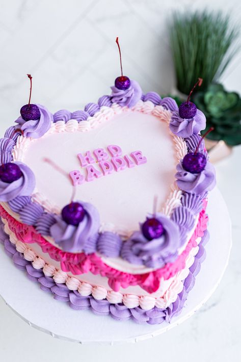 Baddie Heart Cake | Hapa Bakery Pink And Purple Cake, Dipped Cherries, Y2k Birthday Party, Y2k Birthday, Cake Purple, Purple Cake, Purple Cakes, Purple Details, Glitter Dipped