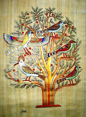 Tree of Life Papyrus Painting On the Tree Of Life, the birds represent the various stages of human life.  Infancy, childhood, youth, adulthood and maturity.  Each bird progressively gets larger with each phase.  Because every soul has significance on earth and purpose, the tree with fruits is depicted, ready to be harvested at each age of man. Painting Tree Of Life, Papyrus Paper, Egyptian Papyrus, Ancient Egyptian Tombs, Tattoo Tree, Egyptian Painting, Tree Of Life Symbol, Tree Of Life Art, Madhubani Art