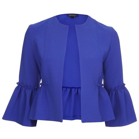 TopShop Crop Frill Jacket ($85) ❤ liked on Polyvore featuring outerwear, jackets, topshop jackets, ruffle jacket, layered jacket, cropped jacket and blue jackets Blue Cropped Jacket, Ruffle Tops Outfit, Long Blouse Designs, Ruffle Jacket, Professional Outfits Women, Fashion Tops Blouse, Skirt Patterns Sewing, School Dresses