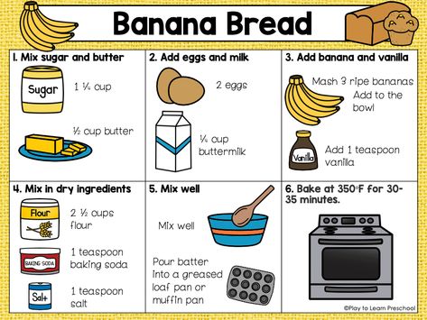 Kids Cooking Lessons, Recipe Banana Bread, Bread Recipes For Kids, Play To Learn Preschool, Preschool Cooking, Recipe Cards Printable Free, Kids Recipe, Recipe Banana, Kids Cookbook