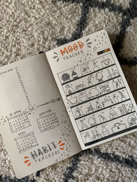 Witchy Habit Tracker, Magic Bujo Theme, Bujo Witchy Theme, Mood Habit Tracker, Year Tracker, Witchy Bujo, January Journal, Witchy Bullet Journal, Witch Bullet Journal