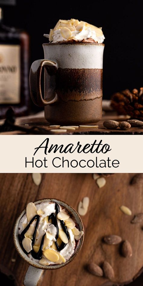 This rich dark hot chocolate with amaretto is the best creamy spiked alcoholic hot chocolate. Milk, dark chocolate, sugar and vanilla melted together. A shot of amaretto mixed in, topped with whipped cream, sliced almonds and chocolate sauce. Almond Hot Chocolate, Amaretto Hot Chocolate Recipe, Amaretto Hot Chocolate, Chocolate Alcoholic Drinks, Alcoholic Hot Chocolate, Dark Hot Chocolate, Mcdonalds Recipes, Cozy Cocktails, Hot Chocolate Cocktail