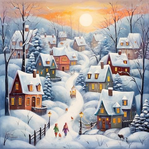 Winter Village Art, Snowy Fantasy Village, Snowy Village Fantasy Art, Snowy Village Illustration, Christmas Village Illustration Winter Scenes, Christmas Topper, Snow Pictures, Winter Photos, Winter Pictures