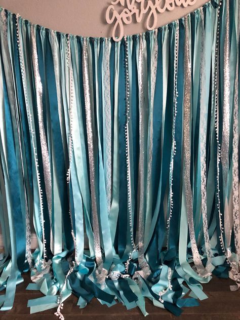 Teal Photo Backdrop, Teal Party Decorations, Photo Booth Backdrop Graduation, Fabric Streamers, Teal Party, Ariel Wedding, Streamer Backdrop, Grad Party Decorations, Sequin Backdrop