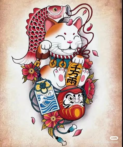 Flower Tattoos Men, Koi Fish Drawing Tattoo, Bushido Tattoo, Daruma Doll Tattoo, Lucky Cat Tattoo, Kitty Tattoos, Japanese Flower Tattoo, Rose Tattoos For Men, Tattoos Men