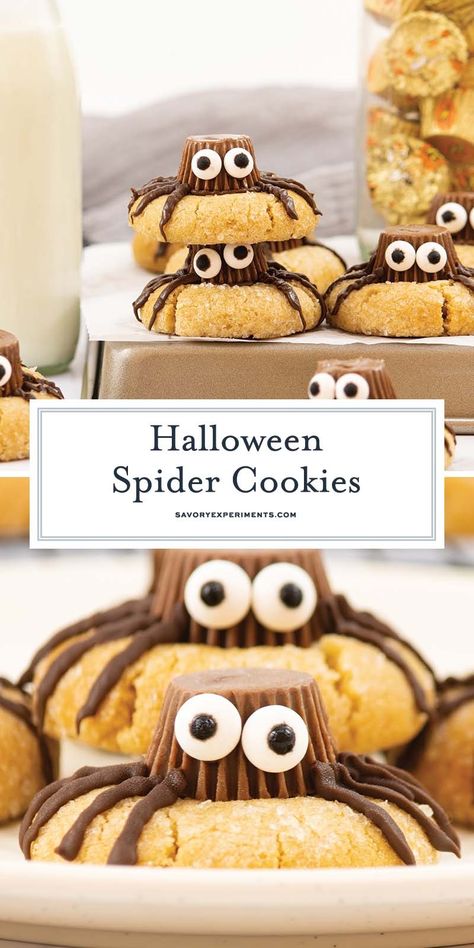 Soft peanut butter cookies topped with a Reese's cup and spooky decorations, these Halloween Spider Cookies are the perfect spooky treat! Spooky Spider Cookies, Halloween Peanut Butter Spider Cookies, Halloween Buckeyes, Halloween Spider Treats, Diy Halloween Cookies, Halloween Bake Sale, Spider Cookies Halloween, Cute Halloween Cookies, Halloween Spider Cookies