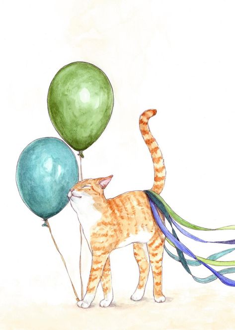 Cat Birthday Card 5x7 Blank Inside Eco Friendly. - Etsy Canada Watercolour Birthday Card Ideas, Birthday Card Illustration, Watercolour Birthday Card, Winter Wonderland Card, Watercolor Party, Happy Birthday Cat, Watercolour Cards, Watercolor Birthday Cards, Illustration Studio