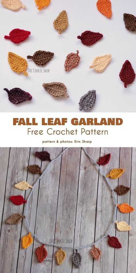 Fall and Thanksgiving Decorations with Free Crochet Patterns Crochet Leaf Garland, Crochet Fall Decor, Crochet Plants, Thanksgiving Garland, Thanksgiving Crochet, Autumn Crochet, Crochet Holiday, Fall Leaf Garland, Crochet Garland