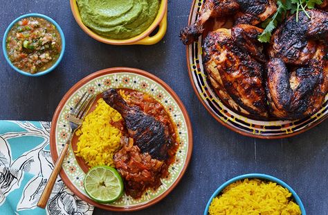 Grilled Cuban-Style Creole Chicken - Andrew Zimmern Creole Chicken, Andrew Zimmern, Cuban Cuisine, Poultry Dishes, Cuban Style, Turkey Legs, Chimichurri Sauce, Grill Recipes, Fresh Salsa