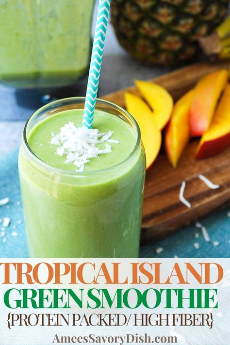 This Island Green Smoothie doesn't taste green at all! You'll love this healthy protein-packed smoothie with delicious tropical flavor. via @Ameessavorydish Tropical Protein Smoothie, Island Green Smoothie Tropical Smoothie, Island Green Smoothie Recipe, Island Green Smoothie, Green Protein Smoothie, Maca Smoothie, Tropical Green Smoothie, Nutrient Packed Smoothies, Amazing Breakfast