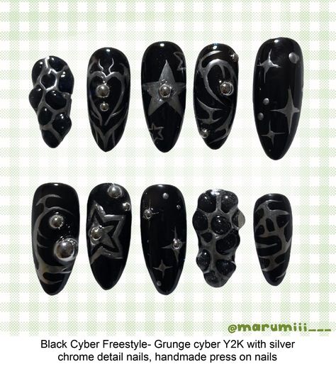 ★Set is shown in Medium Almond★ ★All press ons are made to order, please allow up to 2 weeks to receive your set! ★Every nail set is hand-painted with gel polish, please understand if the nails you receive are not a complete replica of the photos! I will try my best though! ★Nail sizes XS: 14mm, 11mm, 12mm, 10mm, 8mm S: 15mm, 12mm, 13mm, 11mm, 9mm M: 16mm, 12mm, 13mm, 11mm, 9mm L: 18mm, 13mm, 14mm, 12mm, 10mm Please follow the instructions on how Black And Silver Press On Nails, Emo Nail Designs For Short Nails, Cool Black And White Nails, Emo Goth Nails, Nail Ideas Black And Silver, Black Basic Nails, Emo Halloween Nails, Chrome Detail Nails, Black Gel X Nails