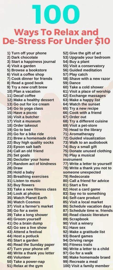 100 Ways to Relax and De-Stress For Under $10 Relaxation Ideas, Usui Reiki, Happiness Journal, Mental Training, Time Management Tips, Ways To Relax, Self Care Activities, Coping Skills, Guided Meditation