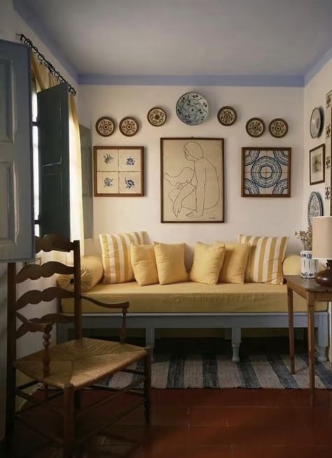 Spanish Decor, Yellow Sofa, Cottage Interiors, Holiday Ready, Drawing Room, Interior Inspo, Guest House, Home Inspo, Plates On Wall