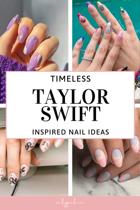 13 Timeless Taylor Swift Inspired Nail Designs - Winky Pink Nail Design Taylor Swift, Eras Tour Nail Ideas 1989, Taylor Swift 22 Nails, Rep Era Nails, Short Taylor Swift Nails, Taylor Swift Tour Nails, Lavender Haze Nails Taylor Swift, Taylor Swift Evermore Nails, Simple Eras Tour Nails