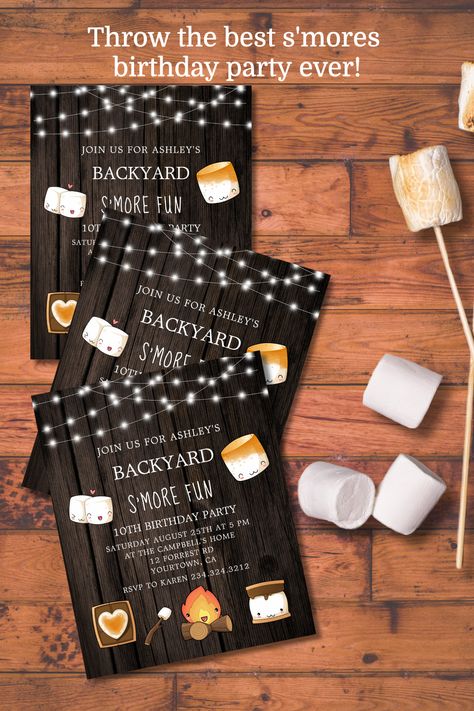 Throw the best s'mores birthday party ever. Summer birthdays are the best. Your son or daughter will love their birthday party outside around the campfire in your backyard. Throw them a s'mores themed birthday party this summer they'll remember always. This cute kids buget birthday party invitation includes cute marshmallow, chocolate bars, crackers and campfire figures. The design uses a rustic barn wood background for the front and back. S'more Birthday Party, Campfire Party Ideas, S’mores Birthday Party, Campfire Birthday Party Ideas, Smores Birthday Party Ideas, Bonfire Birthday Party Ideas, Smores Birthday Party Invitations, 50th Birthday Party Bonfire, S’mores Birthday Party Theme