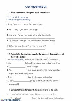 Past progressive- mixed exercise Language: English Grade/level: A2 School subject: English as a Second Language (ESL) Main content: Past continuous Other contents: when, while When While Worksheet, Past Progressive Worksheets, Past Progressive, Verbo To Be, Past Continuous, English Writing Skills, English As A Second Language (esl), English As A Second Language, English Writing