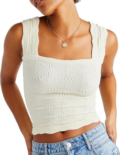 Amazon.com: Tank Top for Women Going Out Tops Free People Dupe Square Neck Crop Tops Flower Embroidery Cami Tops Beige, XS/S : Clothing, Shoes & Jewelry Cute Square Neck Tops, Cute Fitted Tops, Cute Tank Tops For Summer, Cute Tank Top Outfits, Tank Tops Outfit, Flower Tank Top, Summer List, Free People Tank Top, Cute Summer Tops