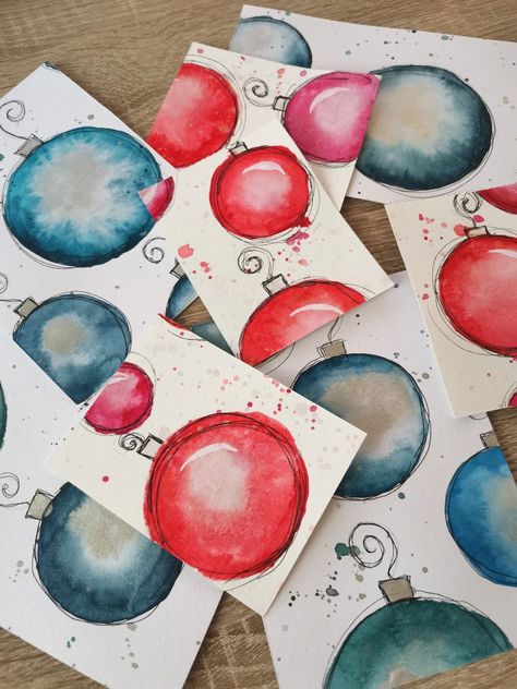 Christmas Cards Simple, Xmas Cards Diy, Easy Christmas Cards, Watercolor Christmas Cards Diy, Watercolor Holiday Cards, Painted Christmas Cards, Christmas History, Cards Simple, Christmas Card Ornaments