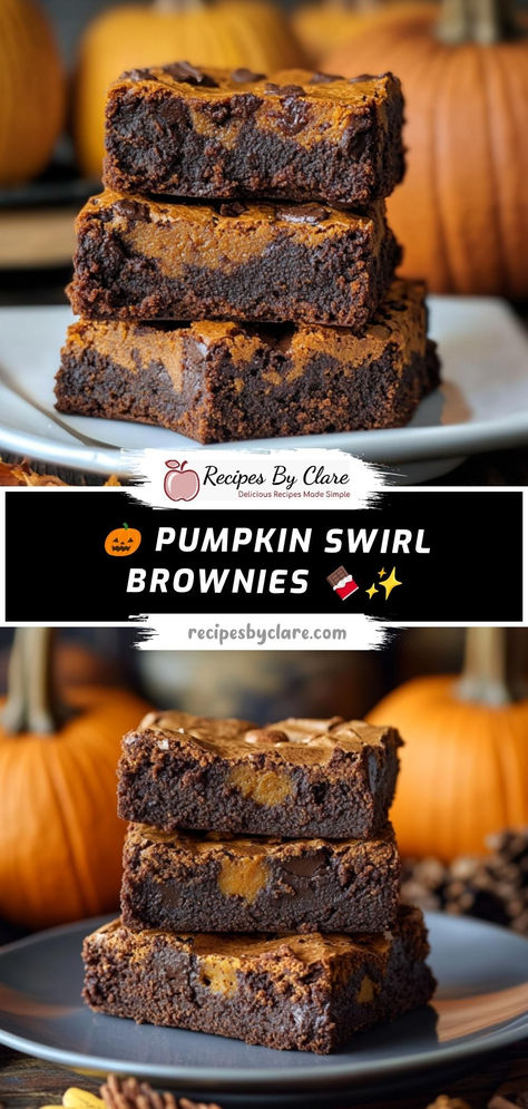 Indulge in chewy, chocolatey brownies swirled with a creamy pumpkin layer, the perfect autumn dessert.

Ingredients:

½ cup unsalted butter
1 cup granulated sugar
⅓ cup cocoa powder
½ cup all-purpose flour
½ cup pumpkin puree
1 tsp vanilla extract

Rich chocolate brownies meet a spiced pumpkin swirl for the ultimate fall treat, with every bite bursting with seasonal flavors! Pumpkin Bites 3 Ingredients, Dessert Recipes No Milk, Pumpkin Truffle Dessert, Pumpkin Spice Food Recipes, Things To Bake With Pumpkin Puree, Chocolate Pumpkin Bars, Easy Pumpkin Brownies, Pumpkin Brownies Recipe, Pumpkin Chocolate Brownies