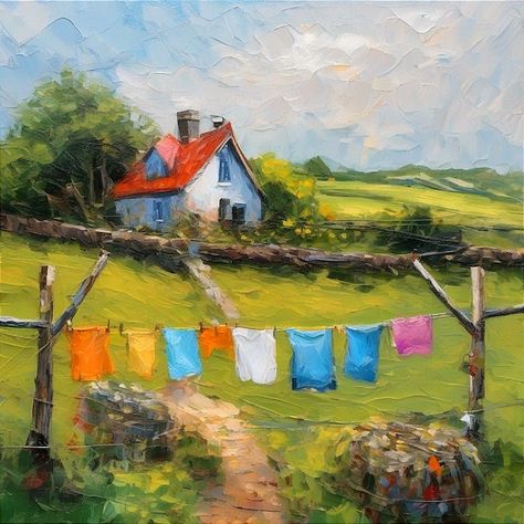 ArtElenaBerezina - Etsy Cottage Oil Painting, Paintings Of Houses, Laundry Painting, Ireland Painting, House Paintings, Gift Painting, Cottage Painting, Paint Texture, Oil Painting Texture