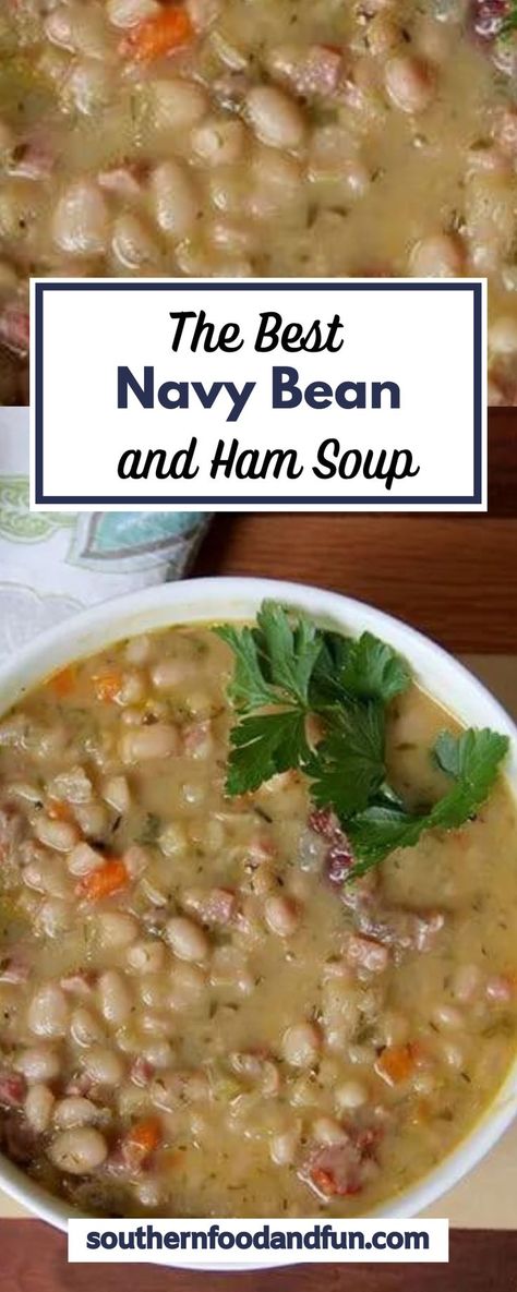 This is the Best Navy Bean Soup! Navy Bean and Ham Soup made with canned beans, ham hocks, carrots, celery, dried rosemary and thyme, and a little bacon for flavor. Ham Soup Crockpot, Navy Bean And Ham Soup, Navy Beans And Ham, Bean Soup Crockpot, Ham Hock Soup, Bean And Ham Soup, Ham Hocks And Beans, Ham Soup Recipes, Navy Bean Soup