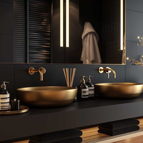 Top Bathroom Paint Ideas Combining Black and Gold for Luxurious Flair • 333+ Art Images Dark Bathroom Gold Accents, Black White And Gold Interior Design, Black Grey And Gold Bathroom, Black And Gold Bathroom Accessories, Funky Airbnb, Grey And Gold Bathroom, Black And Gold Toilet, Black And Gold Bathroom Decor Ideas, Bathroom Black And Gold