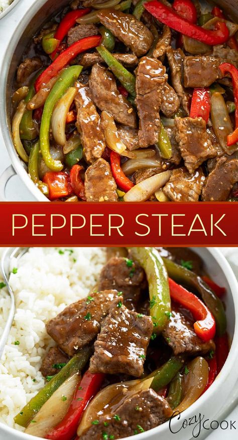 pepper steak with a mix of vegetables and a side of rice topped in a savory sauce Peper Steak, Pepper Steak And Rice, Pepper Steak And Onions, Steak With Onions, Steak Peppers, Crockpot Foods, Chinese Pepper Steak, Cooking Steak, Pepper Steak Recipe