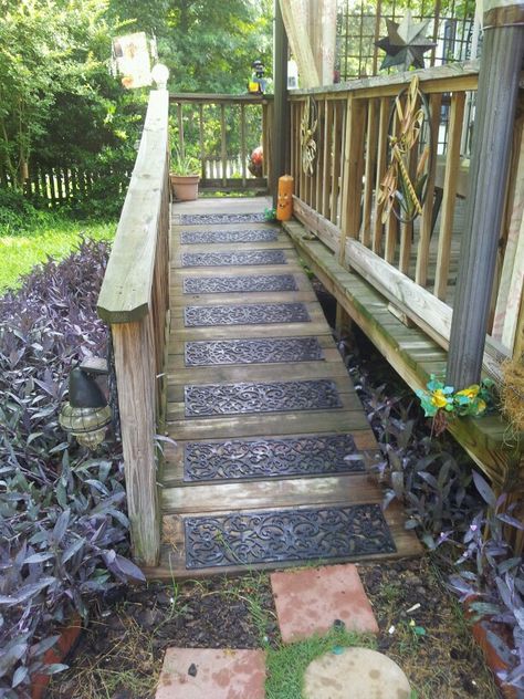 Solution to a slick ramp. These rubber tread add a touch of class. Deck With Ramp And Stairs, Ramp And Stairs, Porch Ramp, Porch With Ramp, Stairs To Attic, Deck With Stairs, Wheelchair Ramps For Home, Wheelchair Ramp Design, Porch Sitters