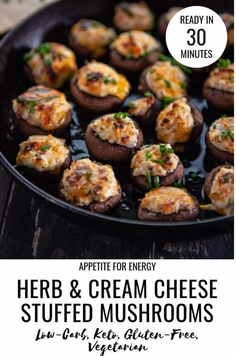 Super delicious, cheesey stuffed mushrooms are the ideal one-bite appetizer to wow guests at parties whether served hot, baked in the oven or at room temperature. Ready in 30-minutes, this easy recipe is a healthy hors d'oeuvre, great for those who are gluten-free, vegetarian or following a low-carb or ketogenic diet. #stuffedmushrooms #keto #glutenfree #vegetarian #gameday Cream Cheese Stuffed Mushrooms, Herb Cream Cheese, One Bite Appetizers, Cheese Stuffed Mushrooms, Stuffed Mushroom, Easy Appetizers, Keto Pancakes, Lemon Basil, Vegetarian Keto