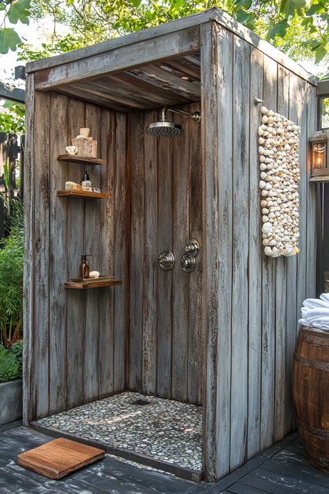 55 Beach-Inspired Outdoor Shower Ideas  Summertime gets a whole lot breezier with our 55 Beach-Inspired Outdoor Shower Ideas made to transform your backyard sanctuary into a tropical paradise. Imagine washing off the salty sea and sand beneath a refreshing alfresco rain shower, encased in lush coastal foliage – that’s the relaxing retreat we’ll help you…  Read more: https://tastyinteriors.com/55-beach-inspired-outdoor-shower-ideas/ Natural Walk In Shower Ideas, Outdoor Bathroom Flooring Ideas, Outdoor Shower Shed, Rustic Outdoor Shower Ideas Backyards, Cheap Outdoor Shower Ideas, Exterior Shower Ideas, Diy Outdoor Shower Ideas Simple, Outdoor Bathroom Ideas Backyards, Outdoor Shower Ideas Backyards