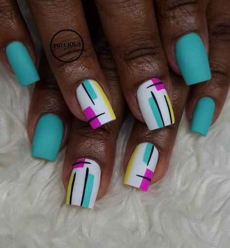 Color Blocking Nail Art, 80s Nails Designs Simple, Color Block Nail Art, Bright Summer Nails Designs Neon Fun Color Combos, Color Block Nails Designs, Sassy Nails Designs, Abstract French Tip Nails, Juneteenth Nail Design, Stripe Nail Designs