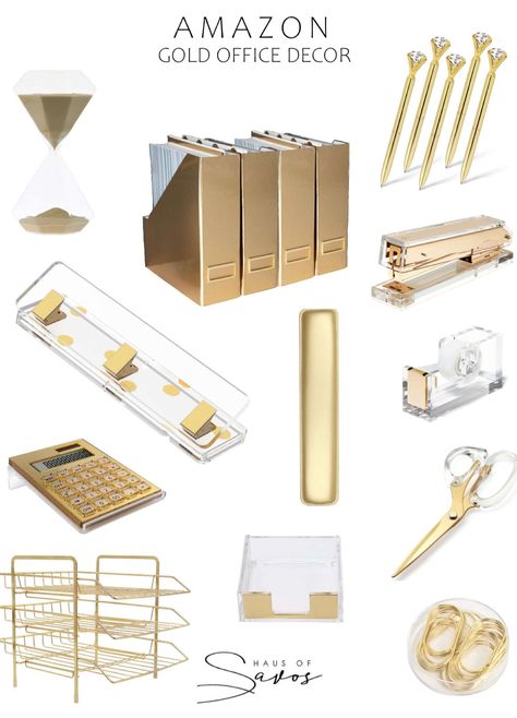 Black And Gold Office, White Gold Office, Gold Office Desk, Gold Office Accessories, Gold Home Office, Glam Office Decor, Gold Office Supplies, Gold Desk Accessories, White Office Decor