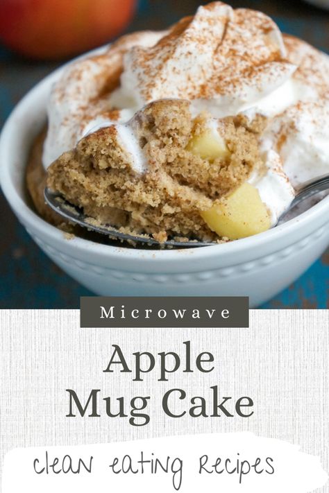 Apple cake with chinks of apples in a small white bowl, cake is topped with whipped cream and cinnamon. Single Serve Apple Pie, Mug Cake Simple, Apple Pie Mug Cake, Healthy Apple Cinnamon Oatmeal, Oatmeal Mug Cake, Apple Mug Cake, Spice Mug Cake, Mug Dessert Recipes, Cinnamon Mug Cake