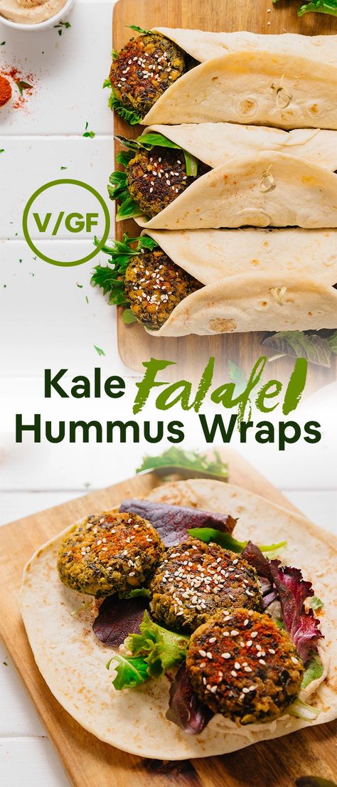 DELICIOUS Kale Falafel Hummus Wraps! Quick, flavorful, and so satisfying #vegan #glutenfree #falafel #plantbased #recipe #minimalistbaker Kale Falafel, Falafel Wrap Recipe, Hummus Wraps, Falafel Wrap, Hummus Wrap, Vegan Tzatziki, Vegan Wraps, Whole Wheat Pita, Minimalist Baker