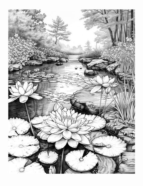 Garden Pencil Drawing, Garden Drawing Ideas, Nature Sketches Pencil, Koi Fish Drawing, Landscape Design Drawings, Ink Pen Art, Nature Sketch, Japanese Drawings, Art Painting Tools