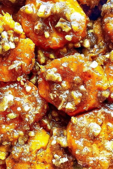 Candied Sweet Potatoes with Pecans | "I cooked my sweet potatoes in the microwave rather than baking them which saved me an hour and a half of baking time. That was the only change I made. Delicious!" #christmas #christmasrecipes #holidays #holidayrecipes Recipes With Pecans, Sweet Potatoes With Pecans, Canned Sweet Potato Recipes, Candied Sweet Potato, Candied Sweet Potato Recipes, Whipped Sweet Potatoes, Sweet Potatoes With Marshmallows, Sweet Potato Toppings, Sweet Potato Side Dish