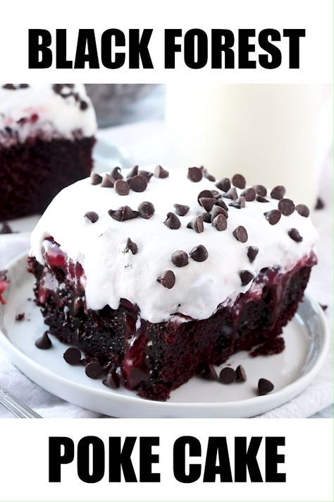 Chocolate and cherries are a match made in heaven. Black Forest Poke Cake is an easy recipe to make for any occasion. #blackforest #cake Black Forest Poke Cake, Chocolate Cherries, Chocolate Poke Cake, Torte Cupcake, Poke Cake Recipes, Poke Cakes, Black Forest Cake, Forest Cake, Flaky Crust