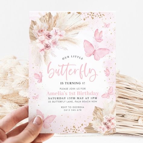 Pink Butterfly Boho Flowers 1st Birthday Floral Invitation - Birthday Invitation Butterfly Boho Party, Pink And Gold Butterfly, Butterfly First Birthday, Butterfly 1st Birthday, Bday Themes, Butterfly Boho, Butterfly Baby Shower Invitations, Butterfly Invitations, Butterfly Birthday Party