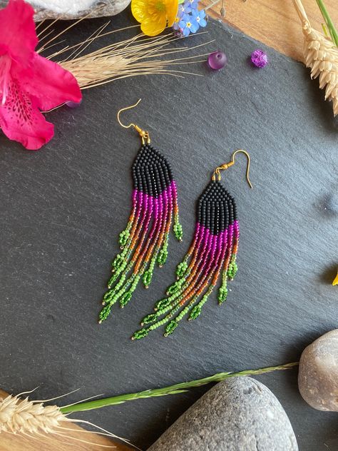 Long fringe earrings, pink orange and green earrings, tropical beaded earrings, bright earrings, handmade in the UK, summer gift for her by Artisanbeadcompany on Etsy Bright Earrings, Roses Orange, Uk Summer, Tropical Sunset, Green Gradient, Hair Lotion, Punk Inspiration, Long Fringe, Rose Orange